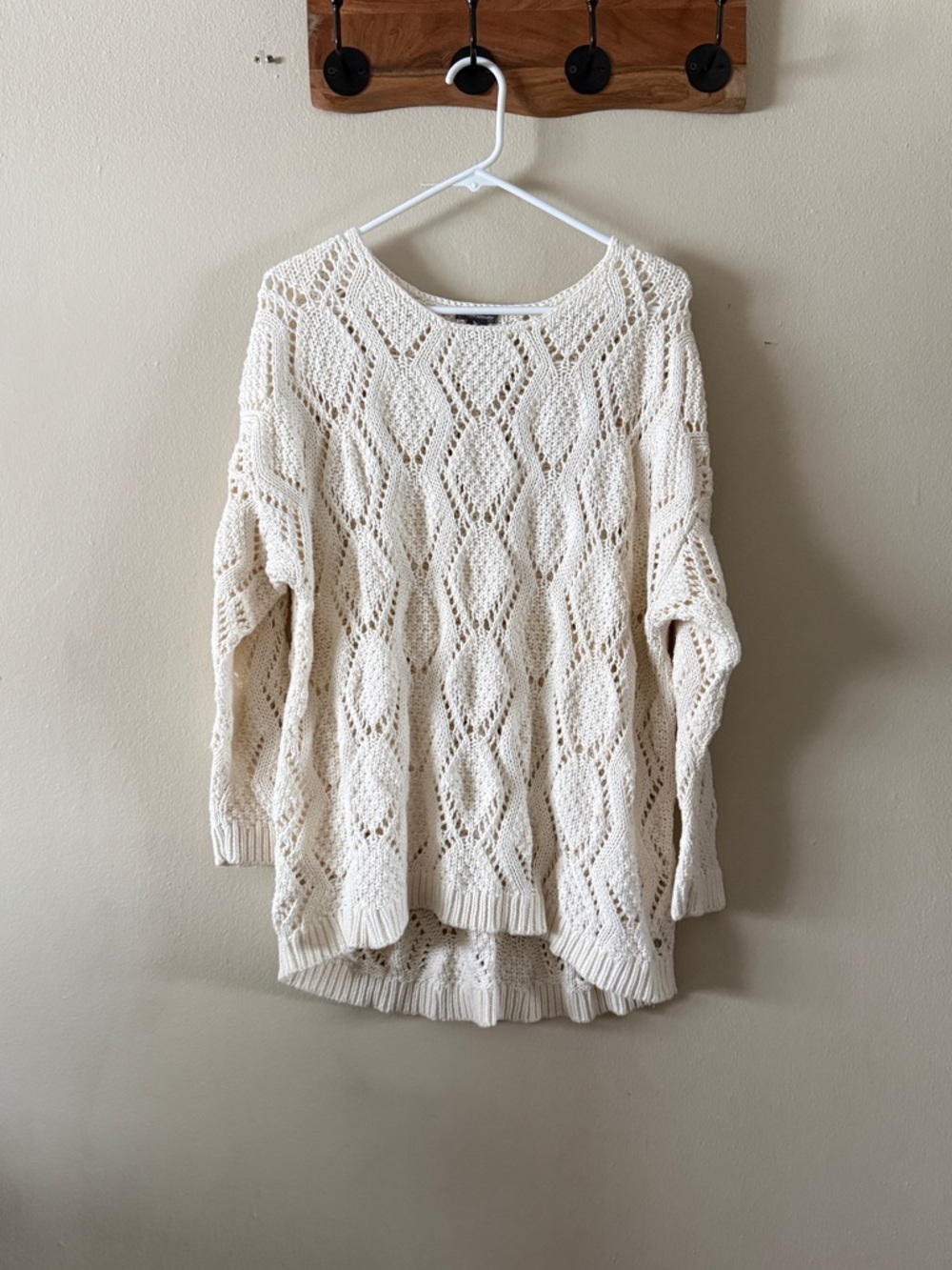Eddie Bauer Cream 100% Cotton Open Knit Crochet Sweater Pointelle size 2XL